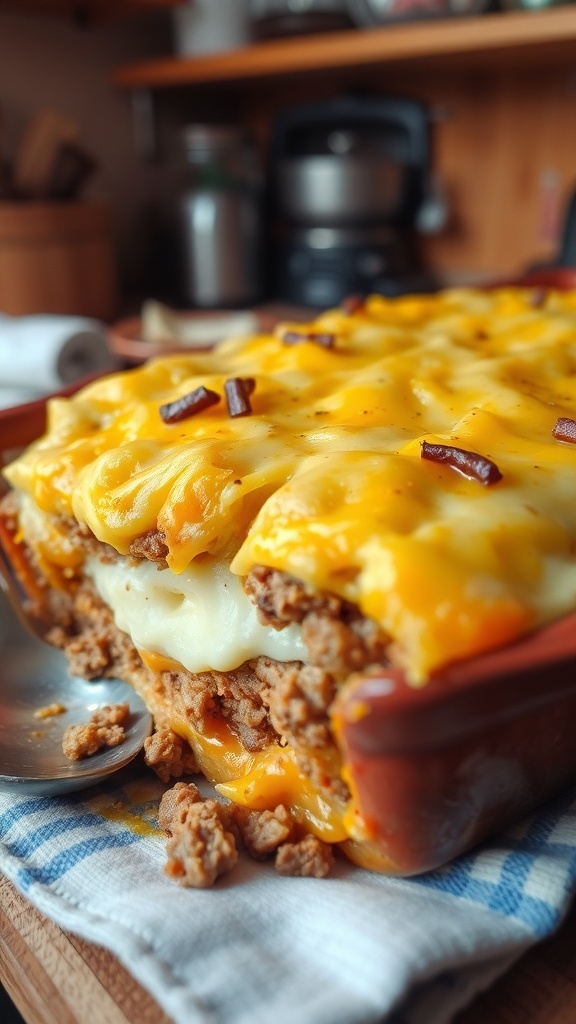 A savory mashed hamburger casserole with ground beef and mashed potatoes, topped with cheese, in a rustic dish.